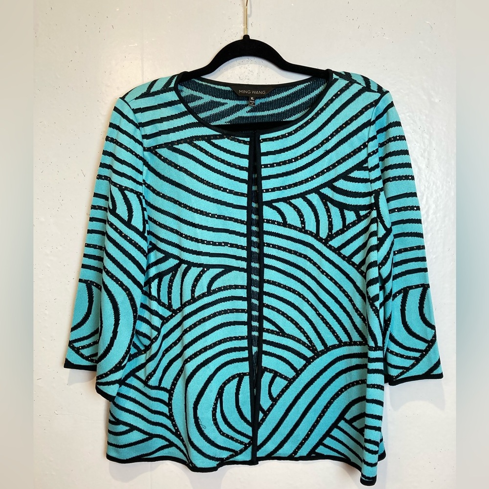 Ming Wang Cardigan Sweater Jacket Size XL Aqua Blue Black Art To Wear Studs